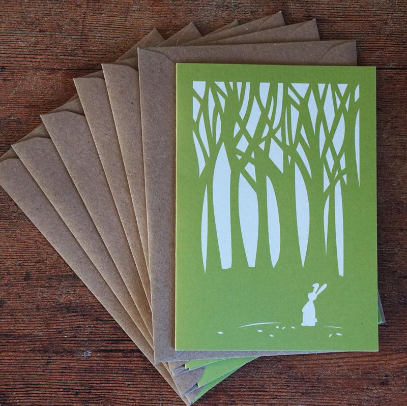 Set of Six Green Woodland Bunny Greetings Cards