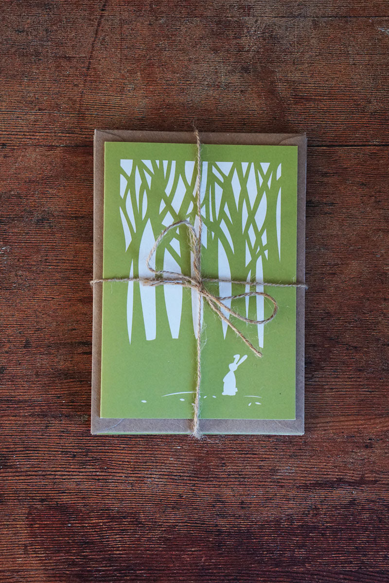 Set of Six Green Woodland Bunny Greetings Cards
