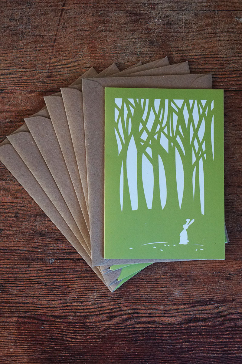 Set of Six Green Woodland Bunny Greetings Cards
