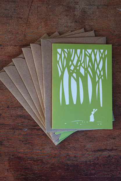 Set of Six Green Woodland Bunny Greetings Cards